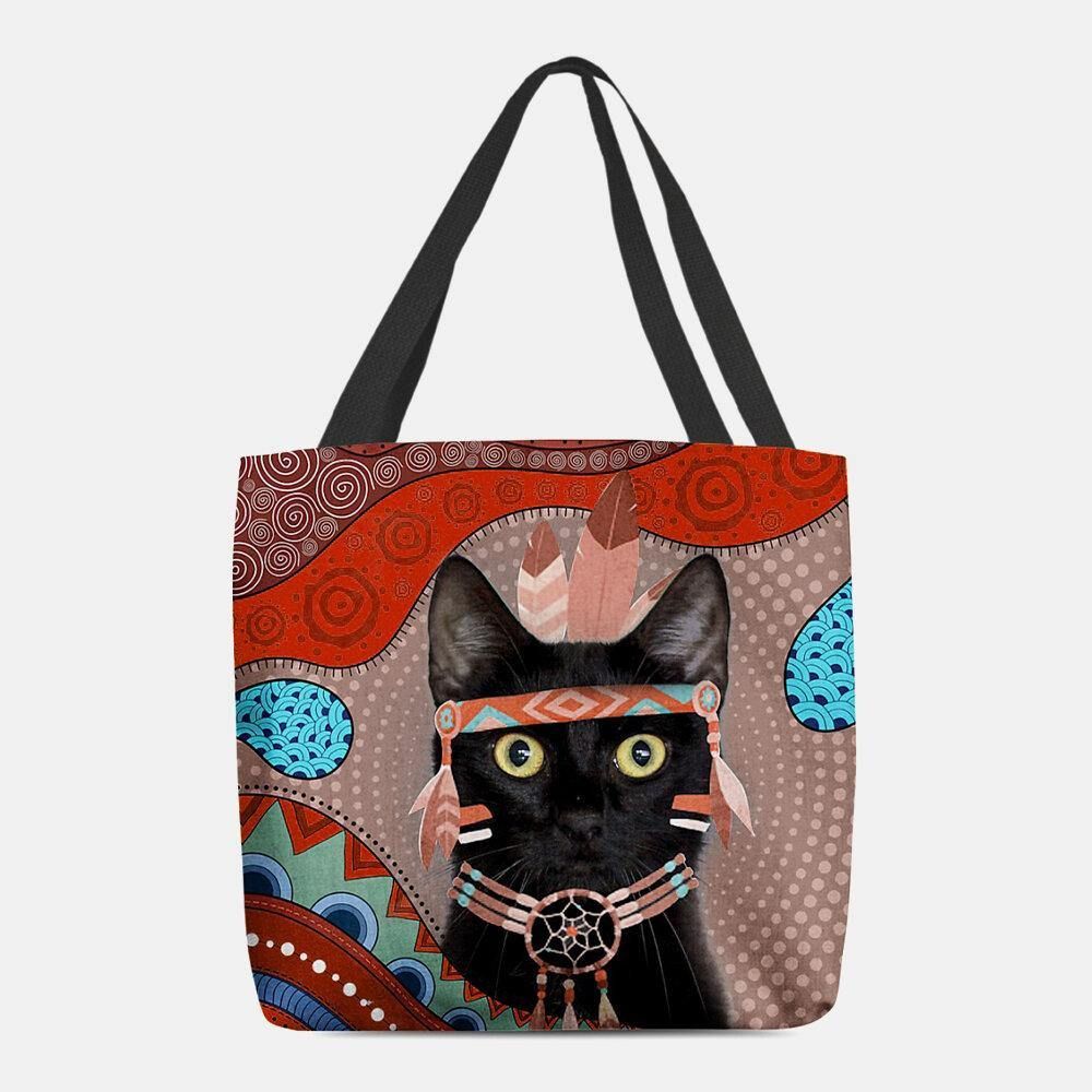 Vrouwen Voelden Leuke Cartoon Egyptische Geklede Zwarte Kat Patroon Schoudertas Handtas Tote