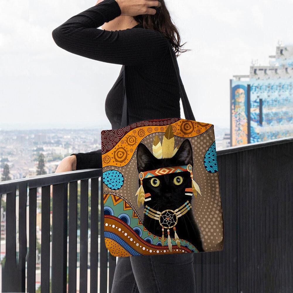 Vrouwen Voelden Leuke Cartoon Egyptische Geklede Zwarte Kat Patroon Schoudertas Handtas Tote