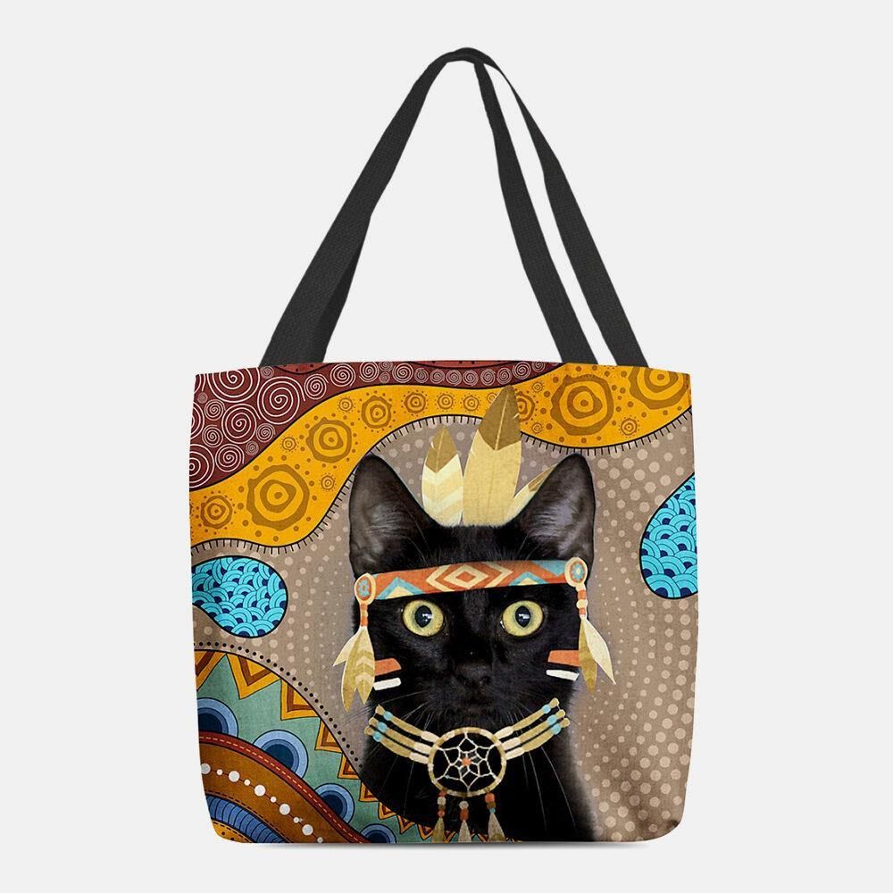 Vrouwen Voelden Leuke Cartoon Egyptische Geklede Zwarte Kat Patroon Schoudertas Handtas Tote