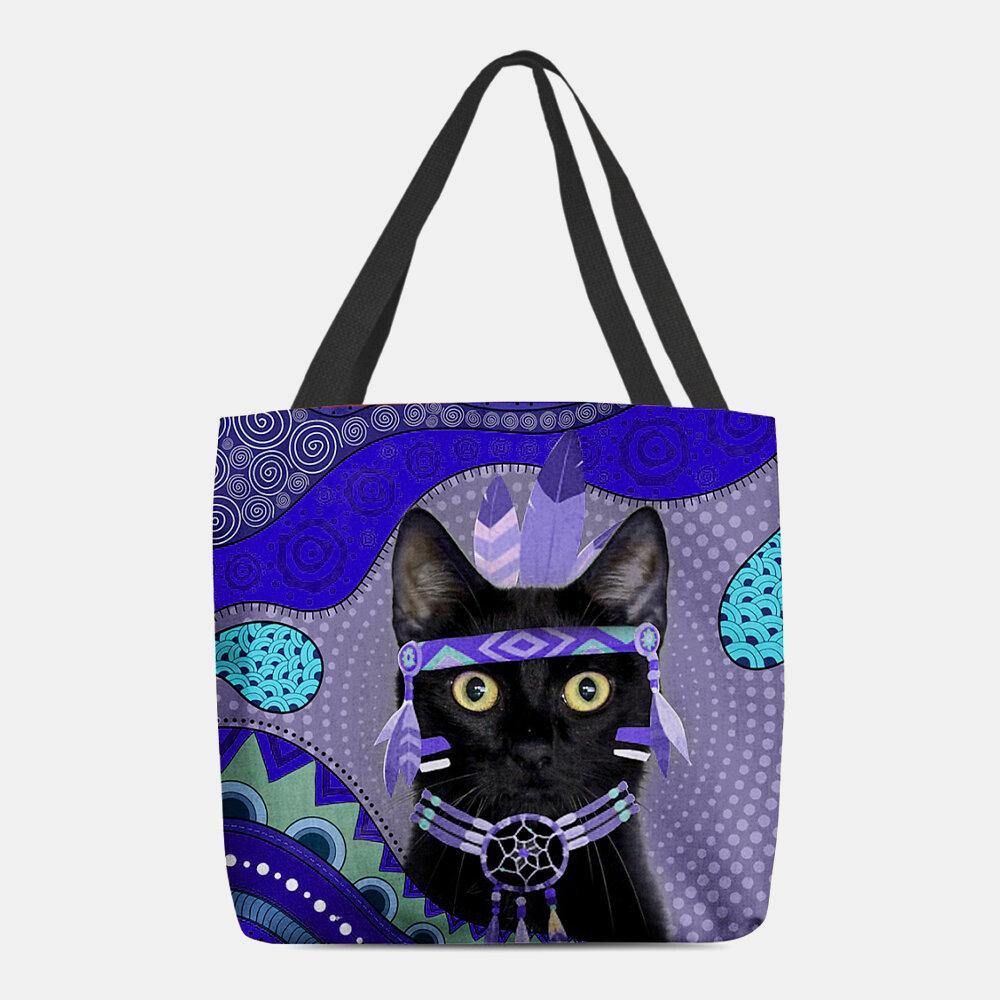 Vrouwen Voelden Leuke Cartoon Egyptische Geklede Zwarte Kat Patroon Schoudertas Handtas Tote