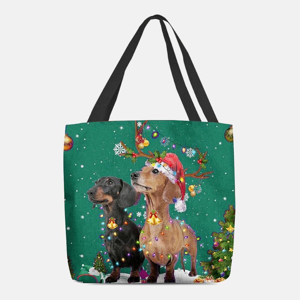 Vrouwen Voelden Leuke Feestelijke Kerst Cartoon Honden Patroon Schoudertas Handtas Tote