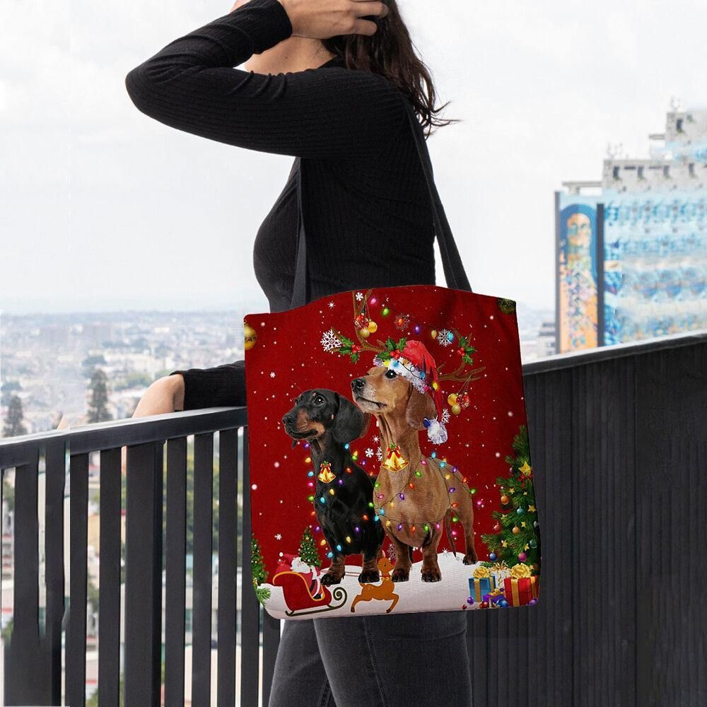 Vrouwen Voelden Leuke Feestelijke Kerst Cartoon Honden Patroon Schoudertas Handtas Tote