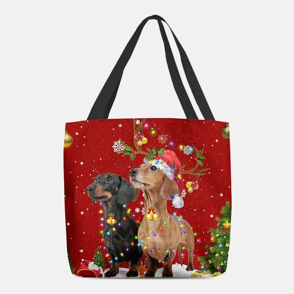 Vrouwen Voelden Leuke Feestelijke Kerst Cartoon Honden Patroon Schoudertas Handtas Tote