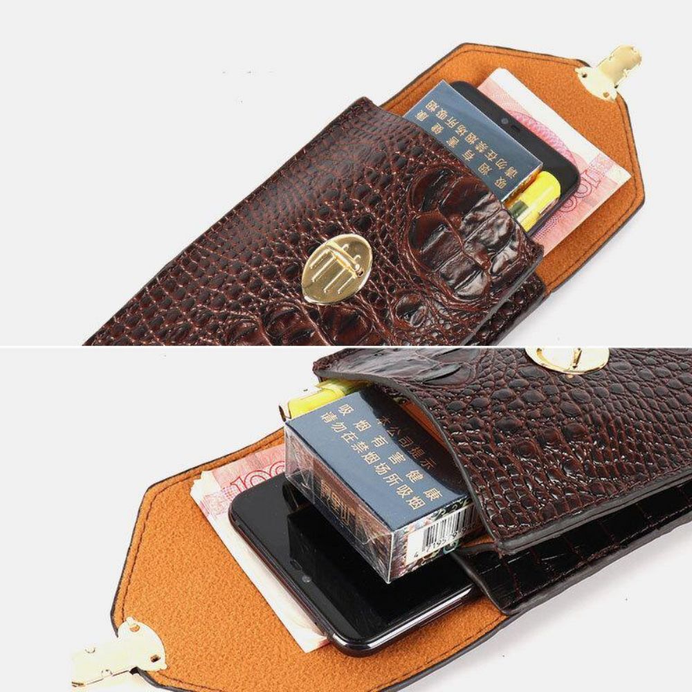 Heren Pu Lederen Krokodilpatroon Multifunctioneel Casual Dubbellaags 6.5 Inch Telefoontas Heuptas Met Haak