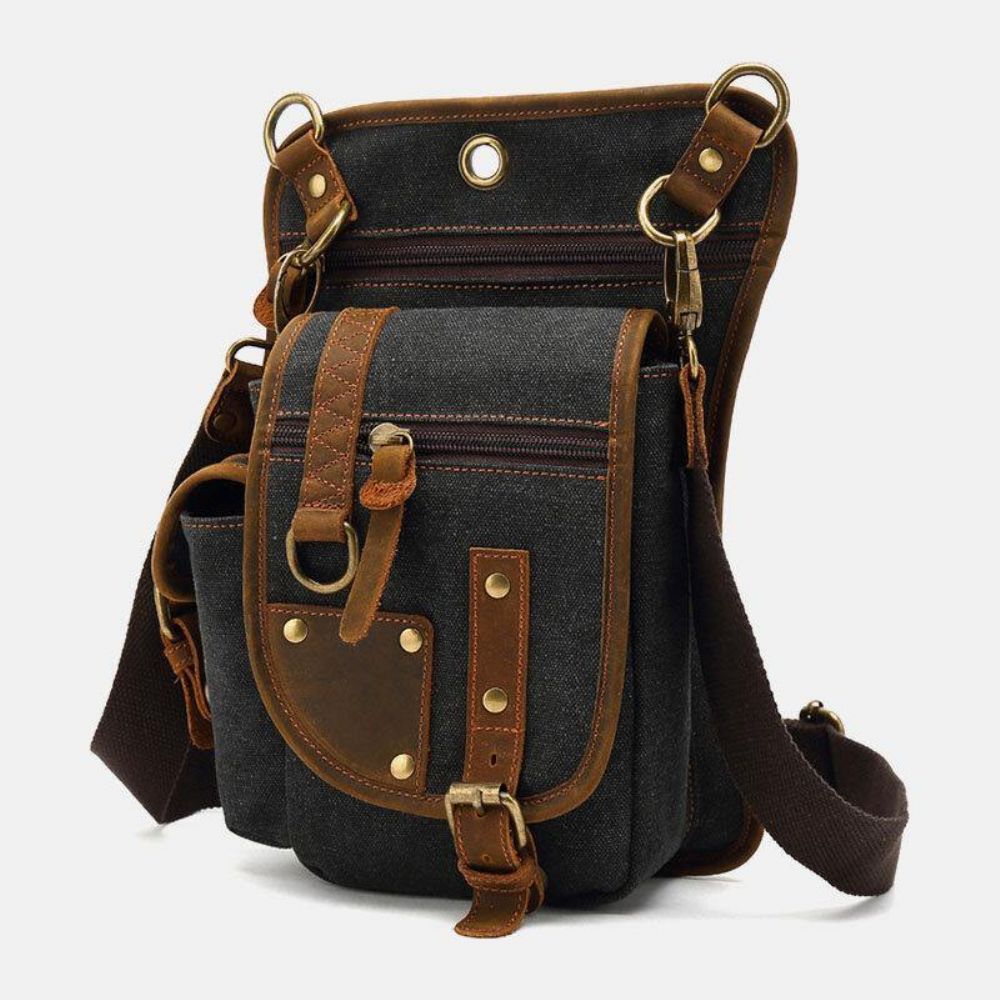 Mannen Echt Leer Canvas Fietsen Buitensport Beenzak Heuptas Crossbody Tas