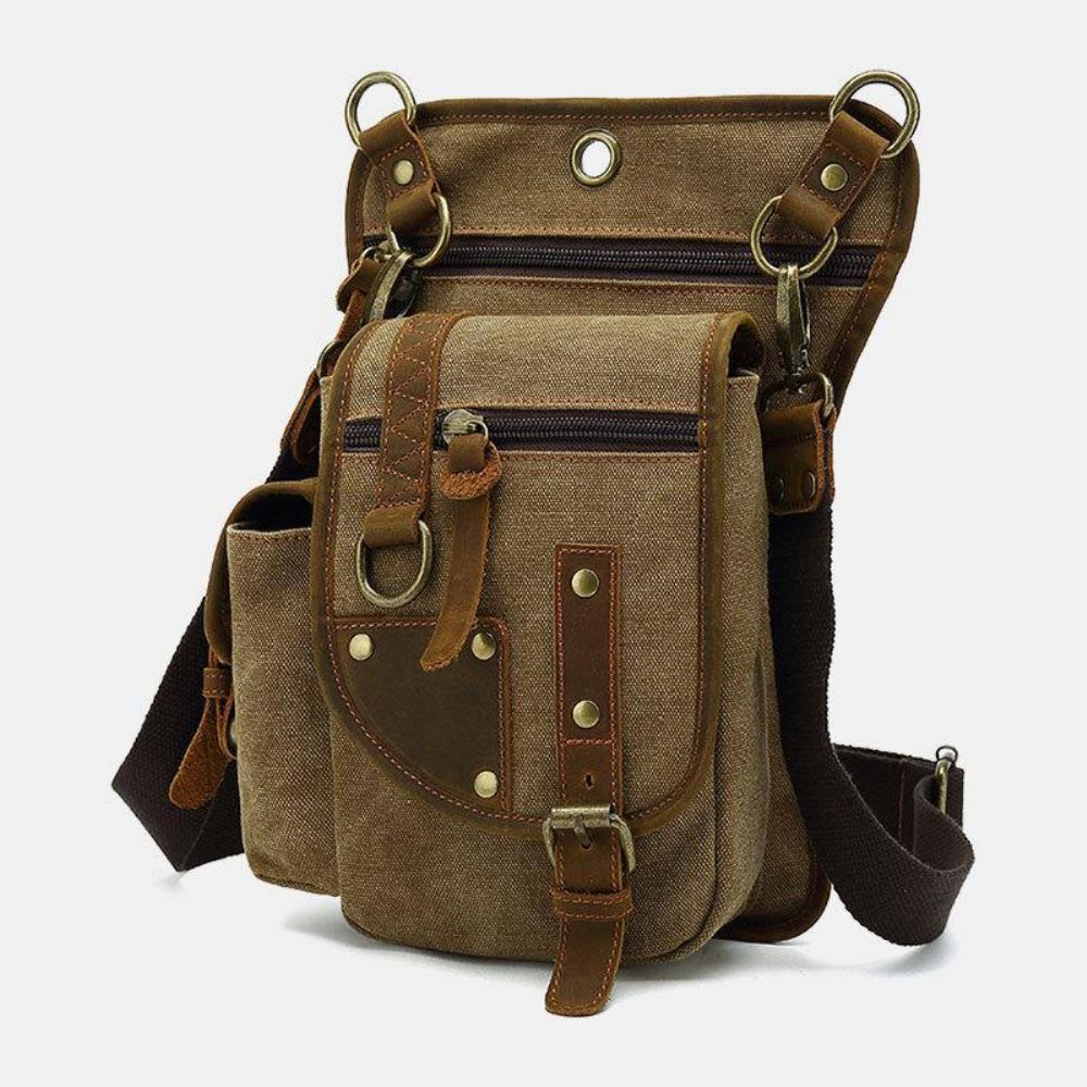 Mannen Echt Leer Canvas Fietsen Buitensport Beenzak Heuptas Crossbody Tas