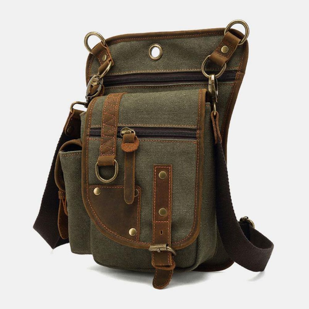 Mannen Echt Leer Canvas Fietsen Buitensport Beenzak Heuptas Crossbody Tas