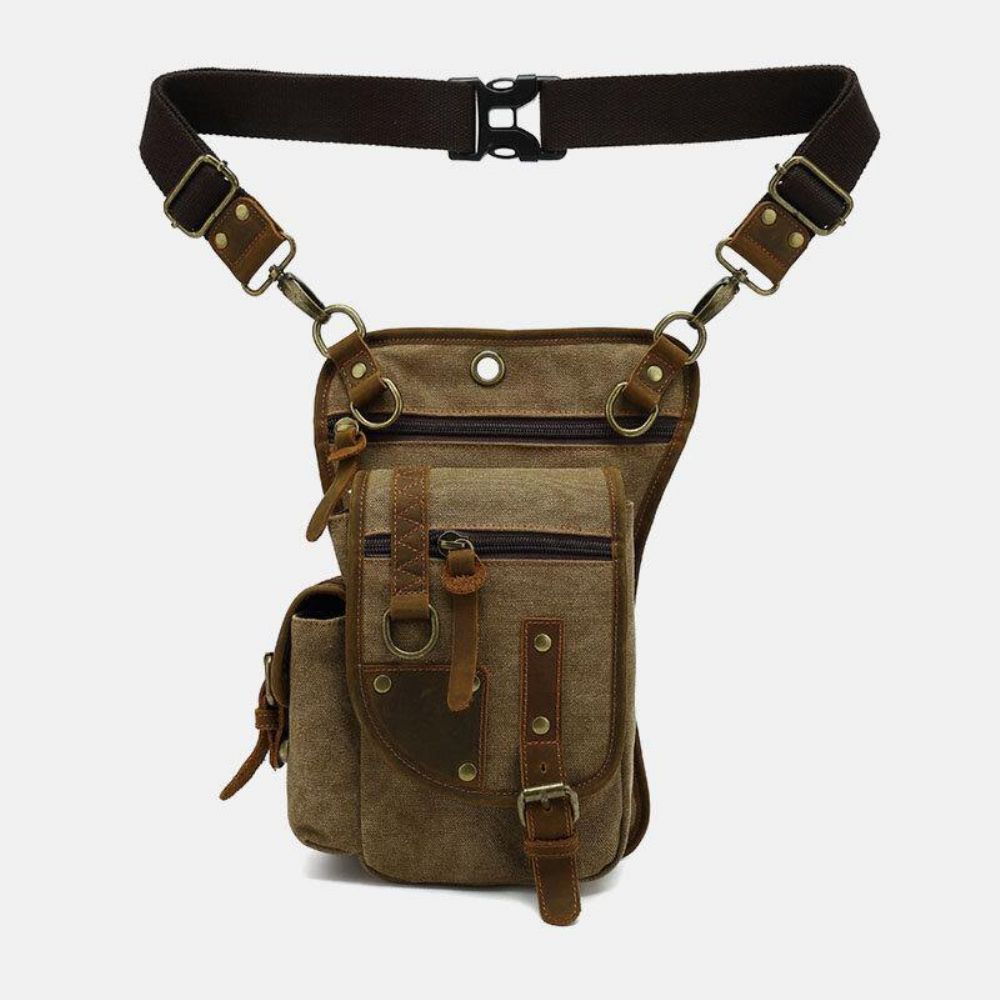 Mannen Echt Leer Canvas Fietsen Buitensport Beenzak Heuptas Crossbody Tas