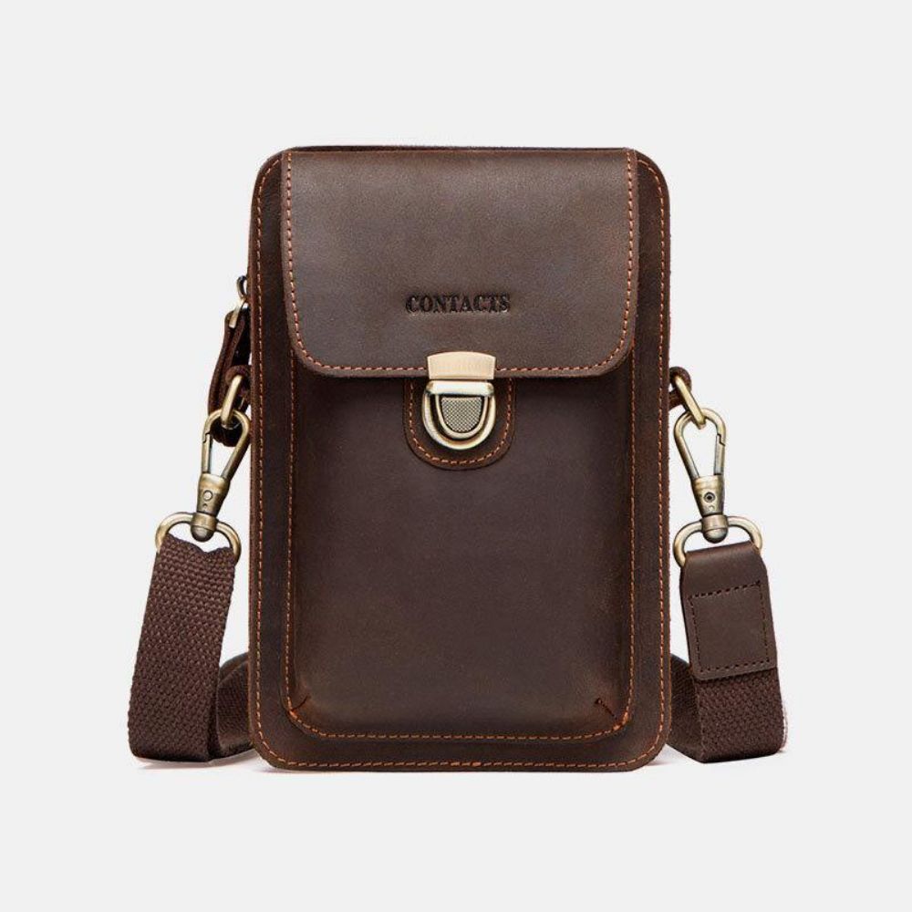 Mannen Echt Leer Retro Casual Outdoor Multi-Carry Telefoon Tas Crossbody Tas Heuptas 5.8 Inch Telefoon