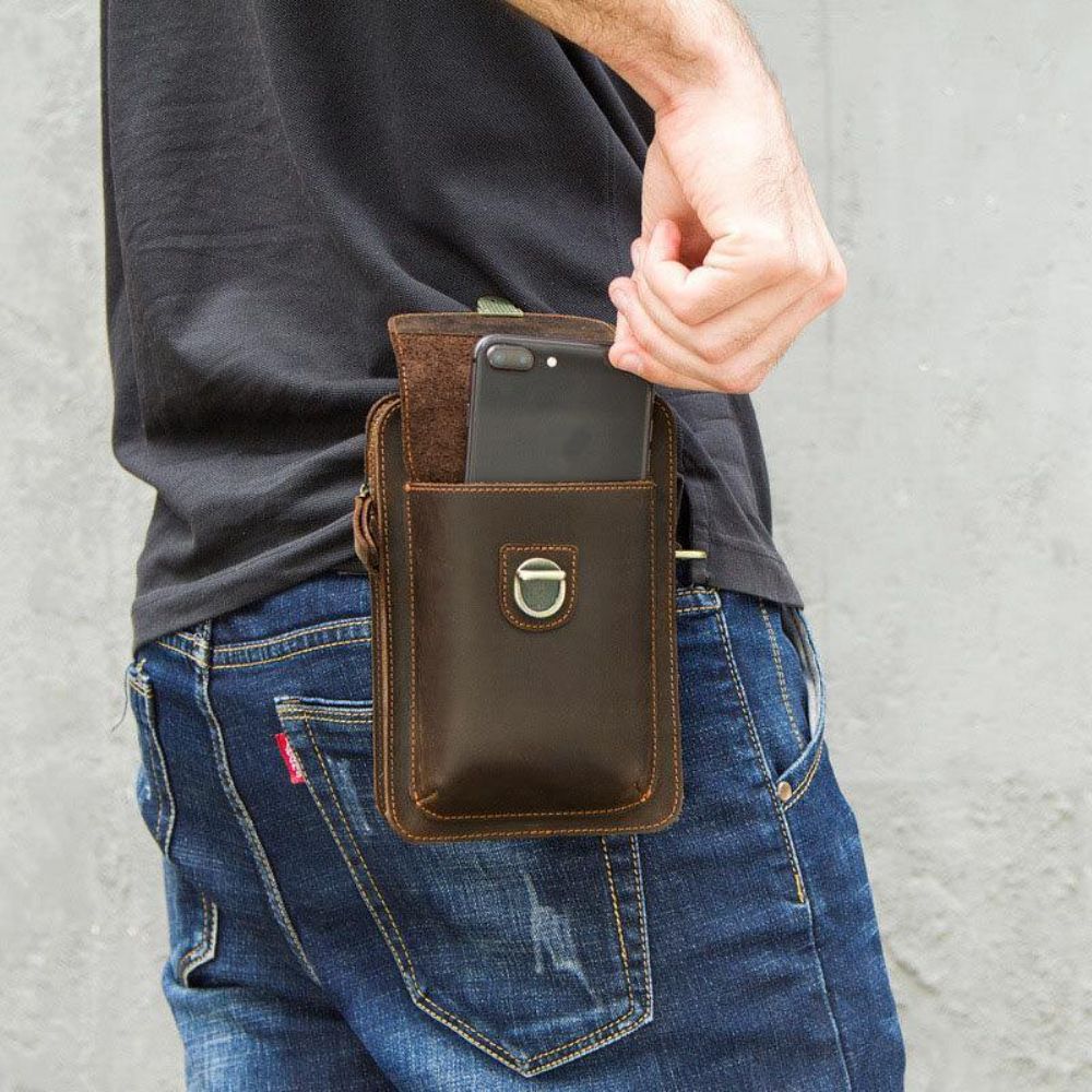 Mannen Echt Leer Retro Casual Outdoor Multi-Carry Telefoon Tas Crossbody Tas Heuptas 5.8 Inch Telefoon