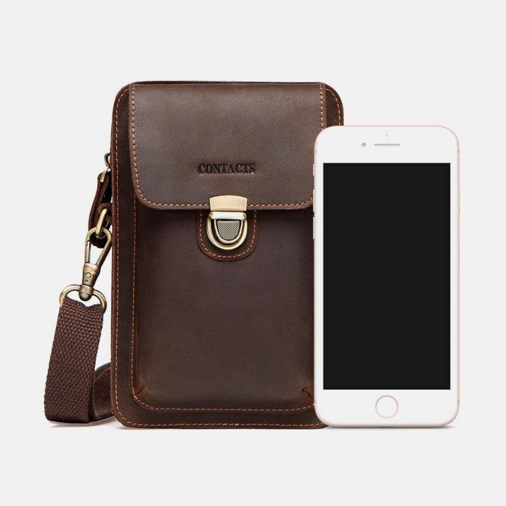 Mannen Echt Leer Retro Casual Outdoor Multi-Carry Telefoon Tas Crossbody Tas Heuptas 5.8 Inch Telefoon