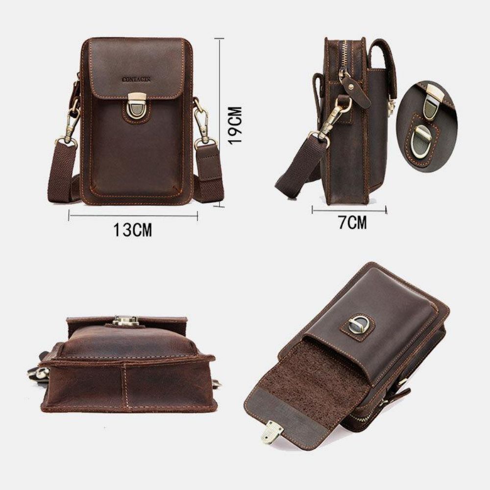 Mannen Echt Leer Retro Casual Outdoor Multi-Carry Telefoon Tas Crossbody Tas Heuptas 5.8 Inch Telefoon