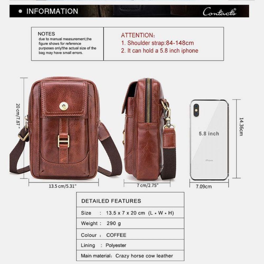 Mannen Lederen Retro Mode 5.8 Inch Telefoontas Multi-Carry Crossbody Tas Heuptas