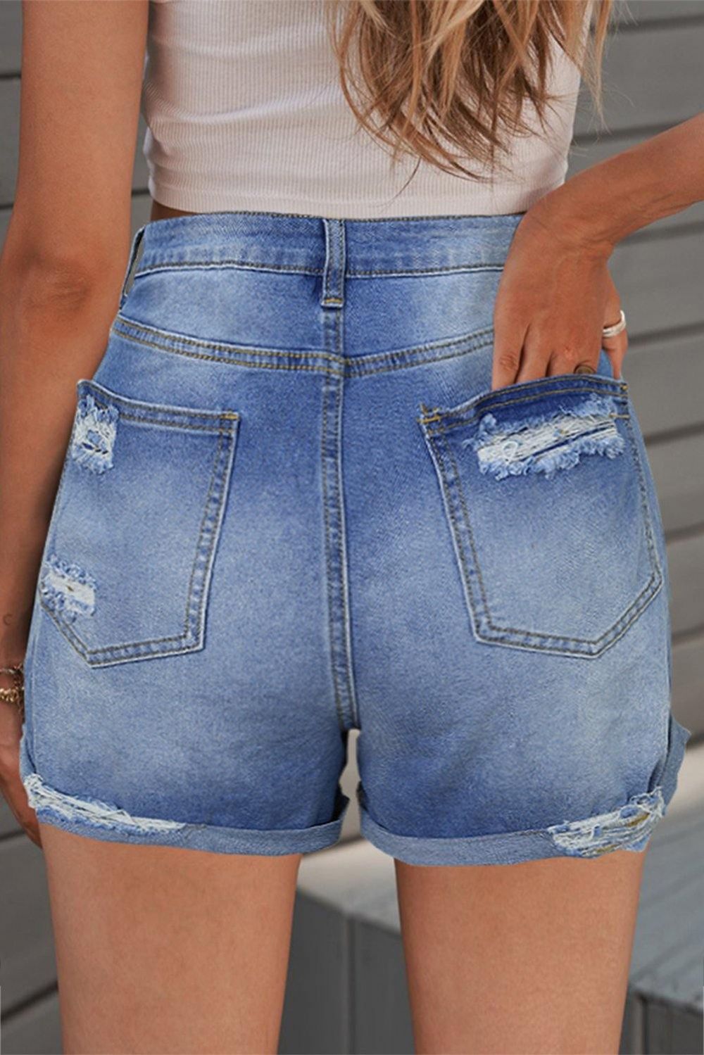 Denim Short Met Gevouwen Zoom Gescheurde Zoom