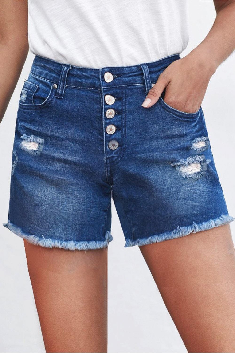 Denim Shorts Met Knopen Rafels