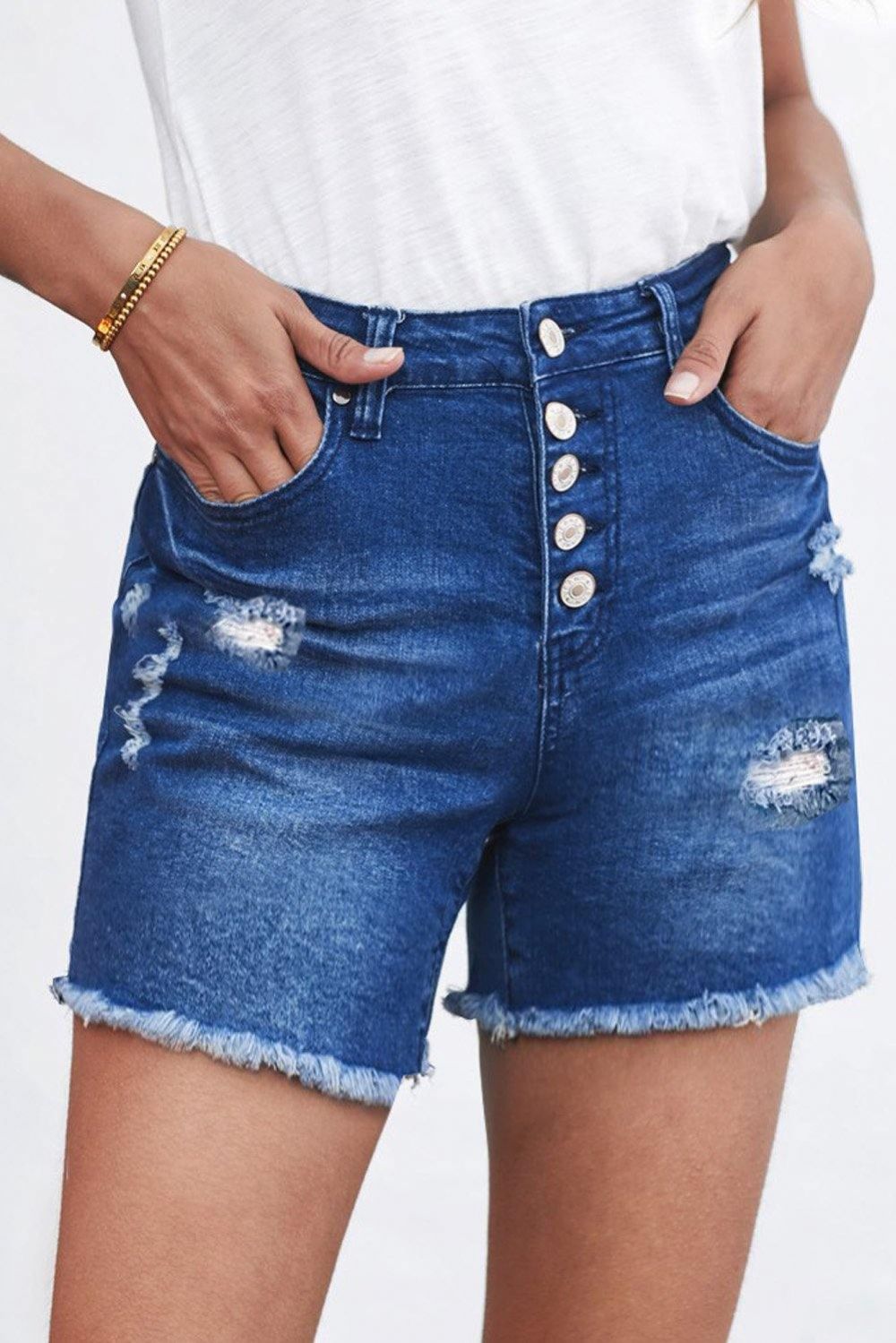 Denim Shorts Met Knopen Rafels