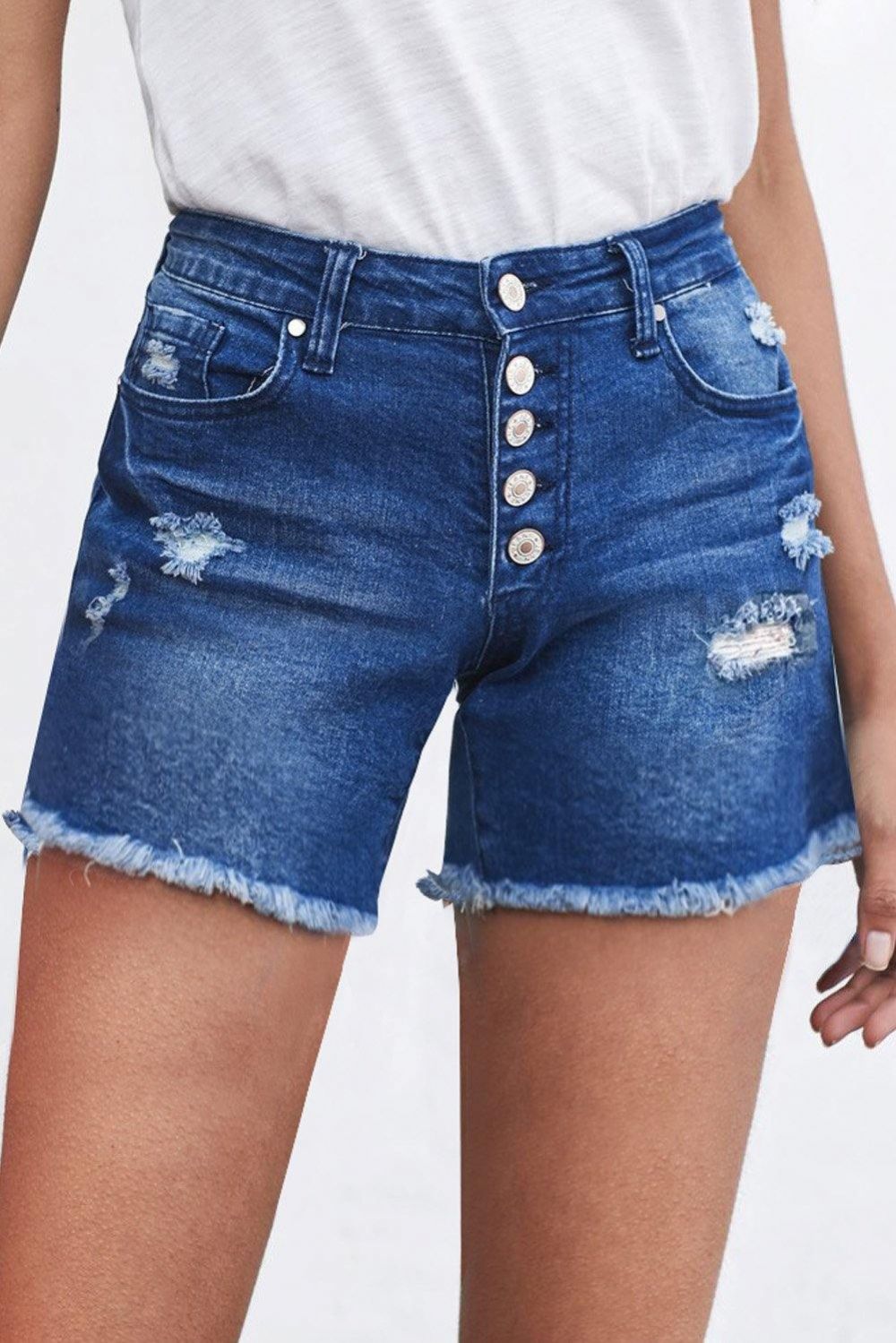 Denim Shorts Met Knopen Rafels