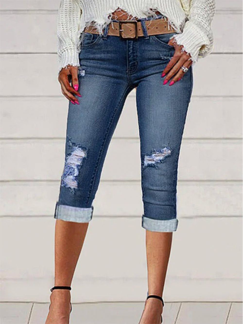 Effen Gescheurde Casual Capri-Jeans