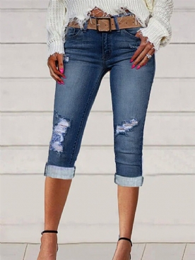 Effen Gescheurde Casual Capri-Jeans