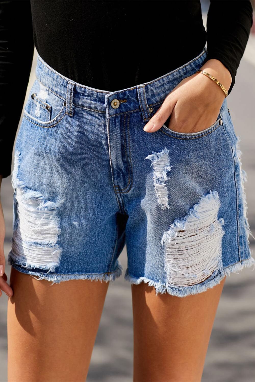 Verontruste Denim Short Met Hoge Taille