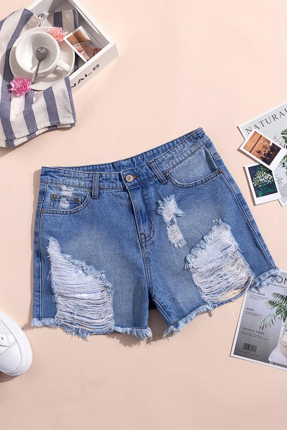 Verontruste Denim Short Met Hoge Taille