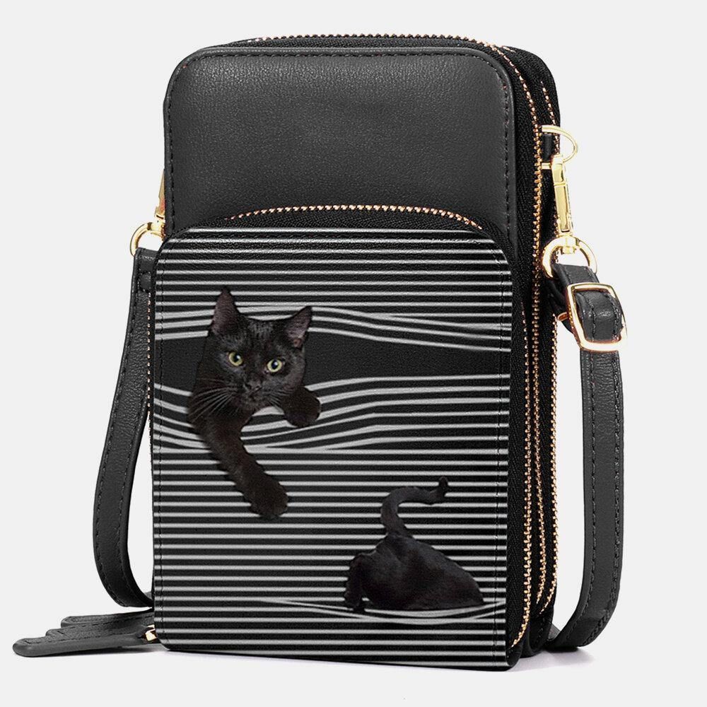 Dames Kunstleer Casual Schattige Zwarte Kat Strepen Patroon Verstelbare Schoudertas Crossbody Tas