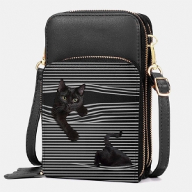 Dames Kunstleer Casual Schattige Zwarte Kat Strepen Patroon Verstelbare Schoudertas Crossbody Tas