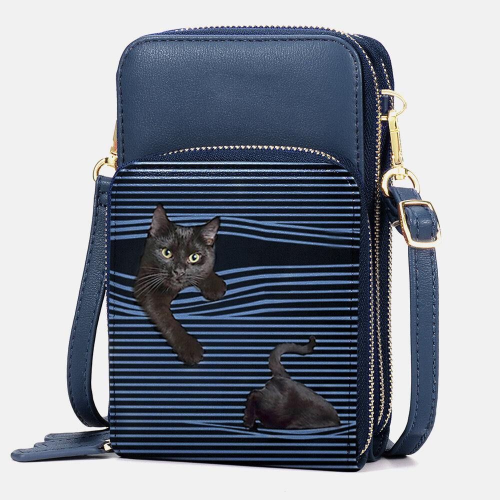 Dames Kunstleer Casual Schattige Zwarte Kat Strepen Patroon Verstelbare Schoudertas Crossbody Tas