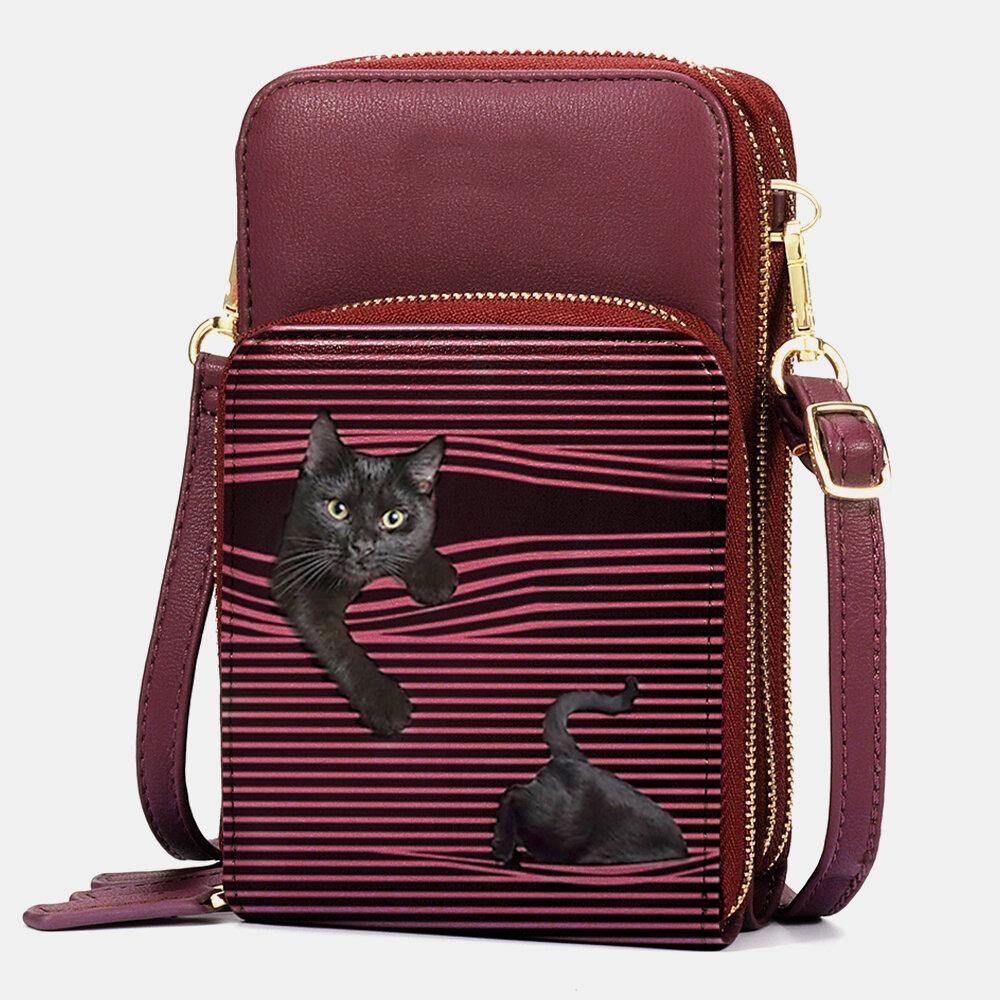 Dames Kunstleer Casual Schattige Zwarte Kat Strepen Patroon Verstelbare Schoudertas Crossbody Tas