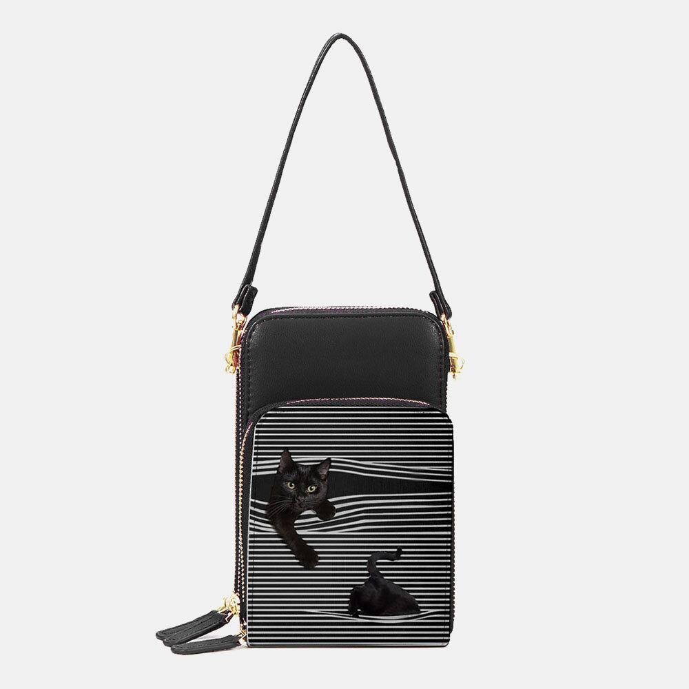 Dames Kunstleer Casual Schattige Zwarte Kat Strepen Patroon Verstelbare Schoudertas Crossbody Tas