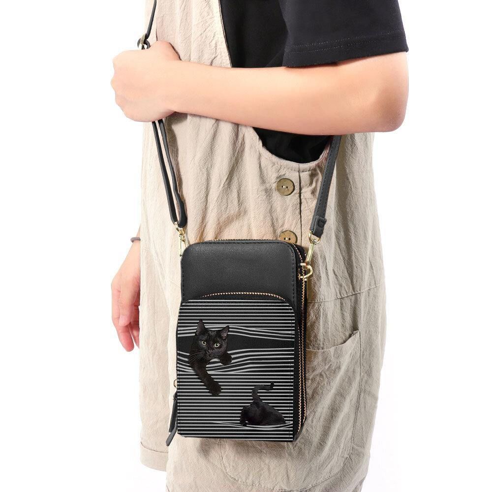 Dames Kunstleer Casual Schattige Zwarte Kat Strepen Patroon Verstelbare Schoudertas Crossbody Tas