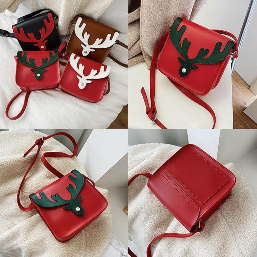 Dames Kunstleer Contrasterende Kleur Kerst Elanden Patroon Kleine Vierkante Tas Crossbody Tas Schoudertas