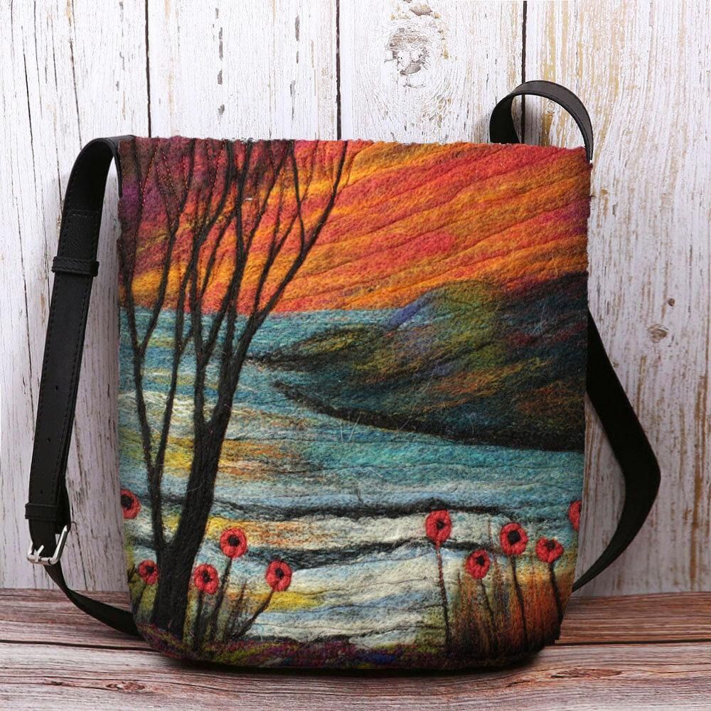 Dames Lamshaar Herfst Natuurlijke Scène Kleurrijke Diy Schoudertas Crossbody Tas