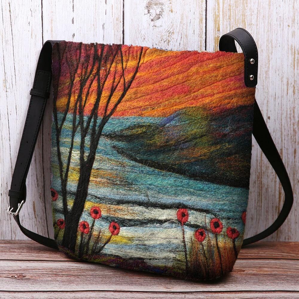 Dames Lamshaar Herfst Natuurlijke Scène Kleurrijke Diy Schoudertas Crossbody Tas