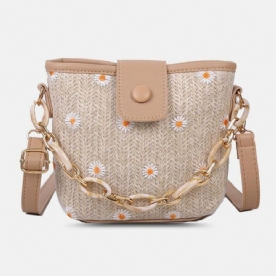 Dames Stro Kant Daisy Zonnebloem Patroon Print Kettingen Hasp Crossbody Tas Schoudertas Handtas