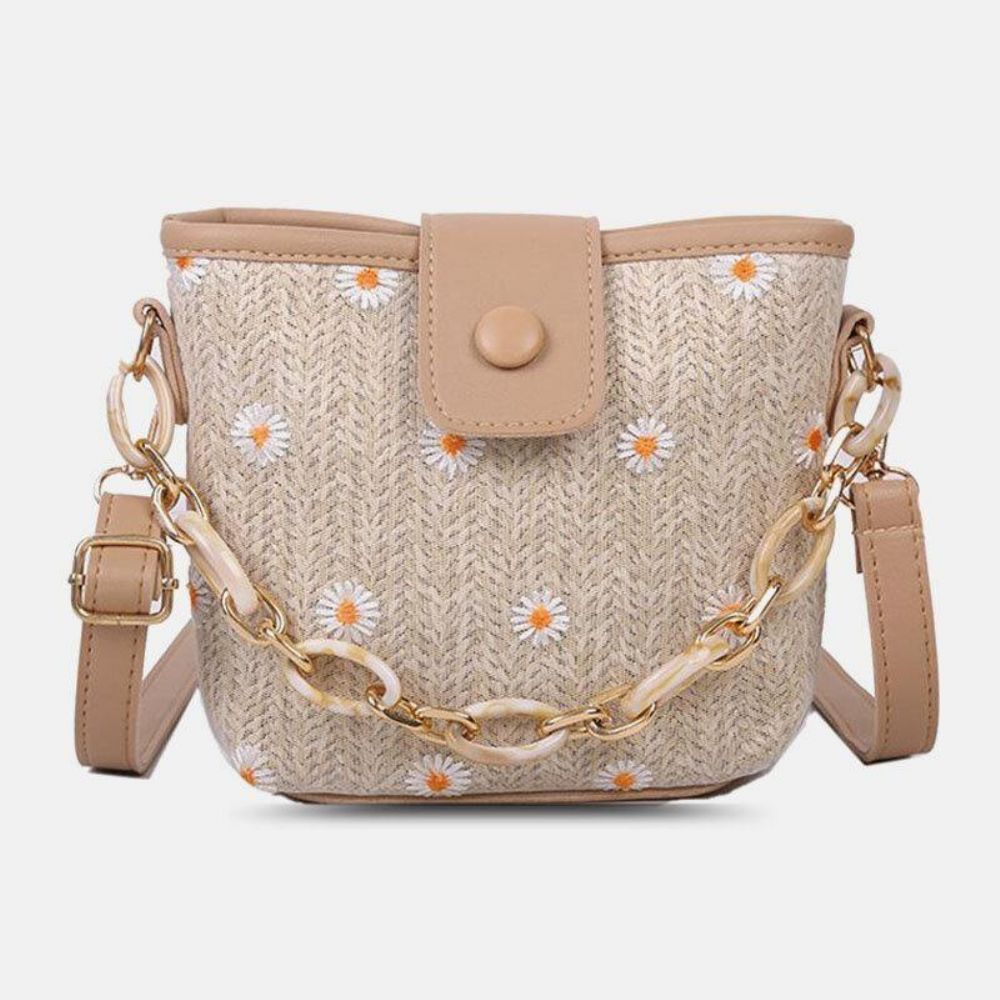 Dames Stro Kant Daisy Zonnebloem Patroon Print Kettingen Hasp Crossbody Tas Schoudertas Handtas