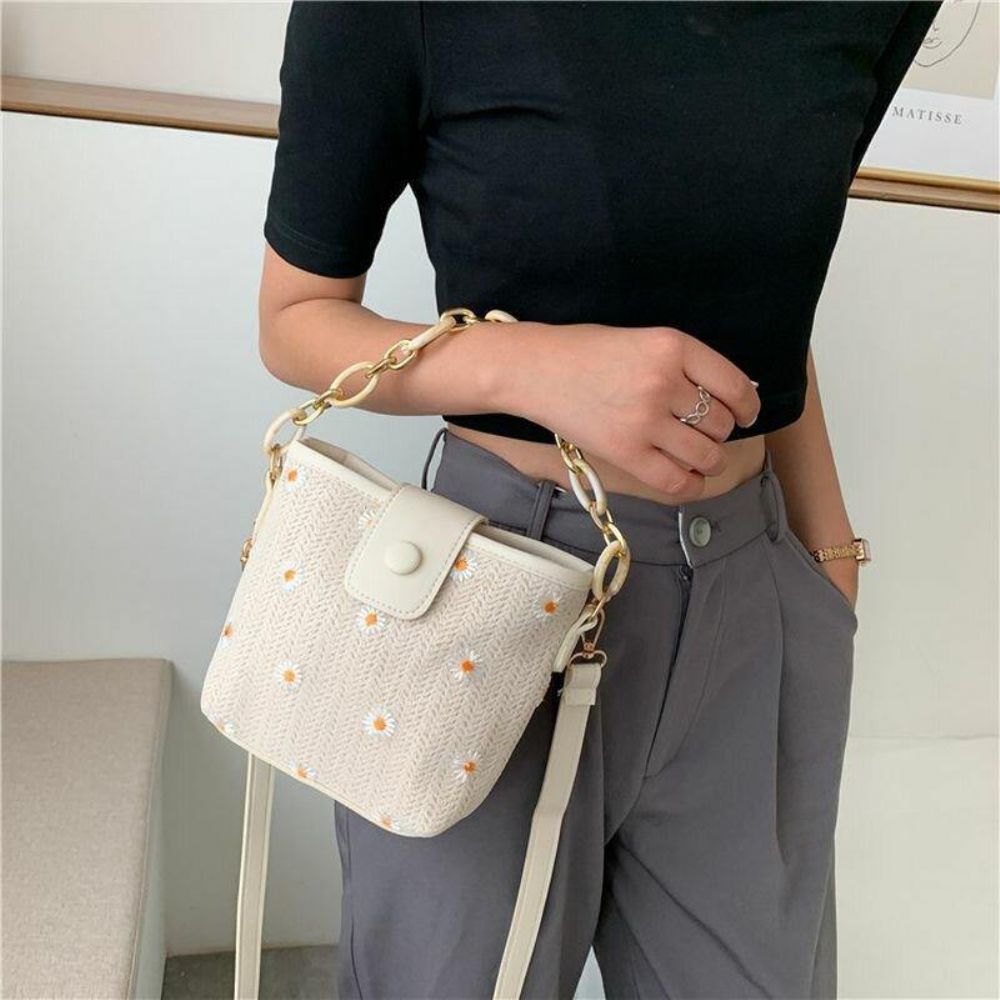 Dames Stro Kant Daisy Zonnebloem Patroon Print Kettingen Hasp Crossbody Tas Schoudertas Handtas