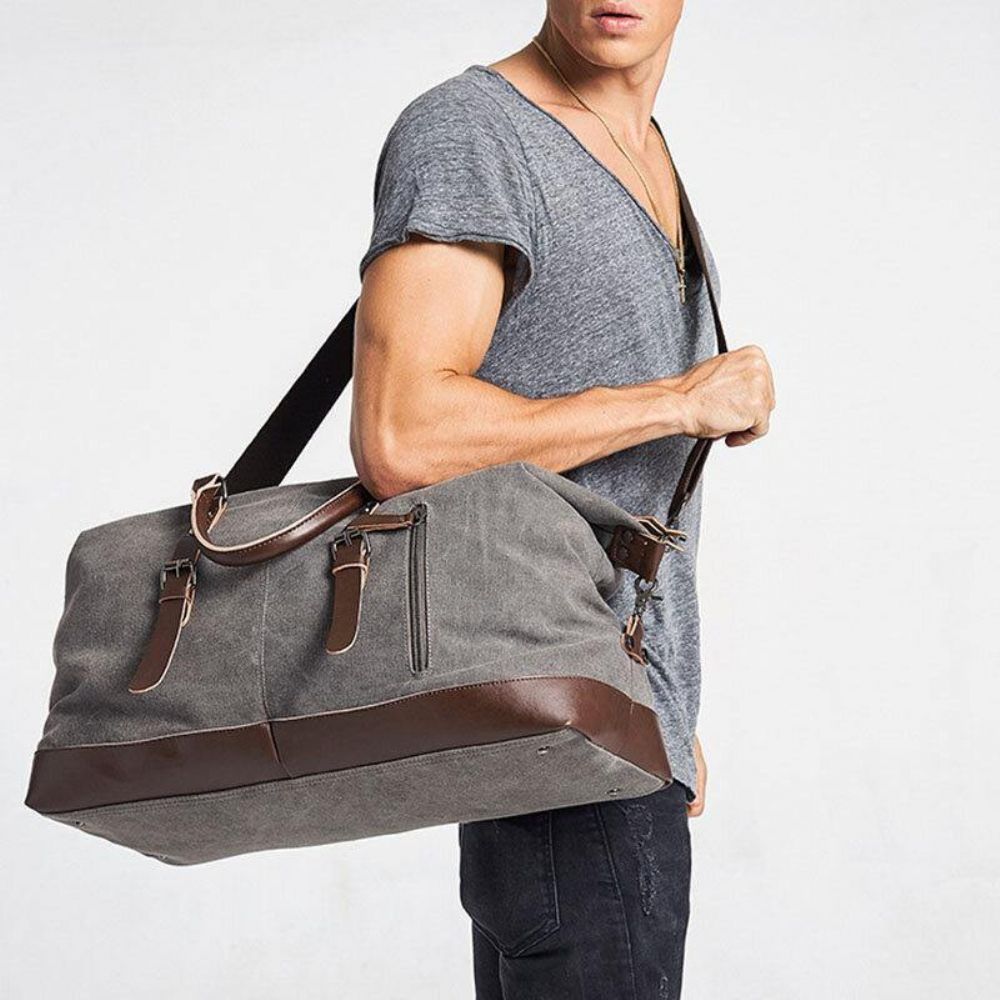 Mannen Canvas Pu Leer Grote Capaciteit Multi-Pocket Handtas Schoudertas Reistas Plunjezak Crossbody Tas