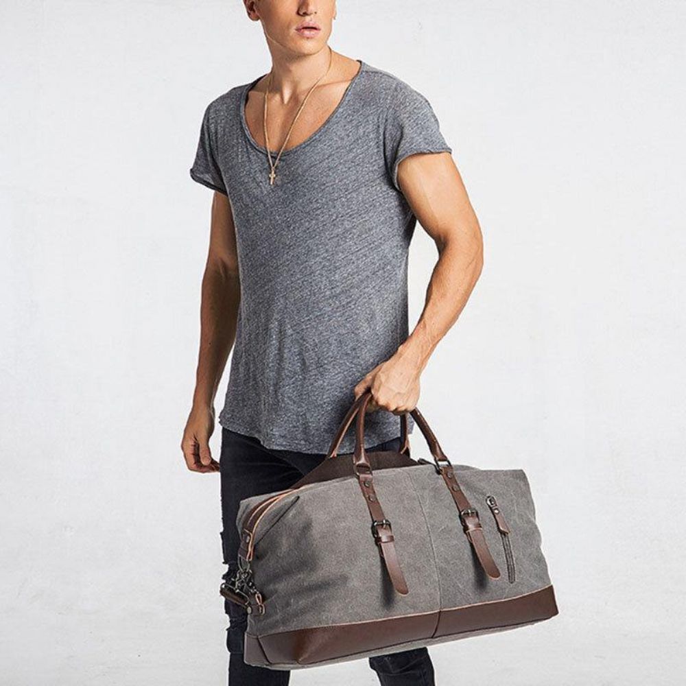 Mannen Canvas Pu Leer Grote Capaciteit Multi-Pocket Handtas Schoudertas Reistas Plunjezak Crossbody Tas