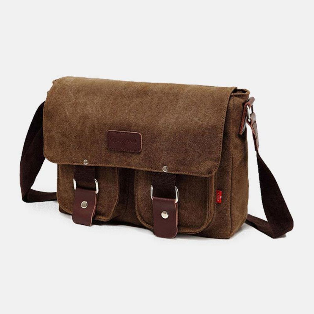 Mannen Echt Leer Canvas Retro Travel Outdoor Multi-Pocket Draagtas Crossbody Tas