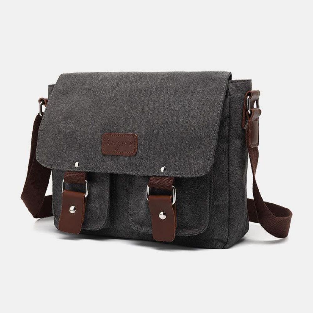 Mannen Echt Leer Canvas Retro Travel Outdoor Multi-Pocket Draagtas Crossbody Tas