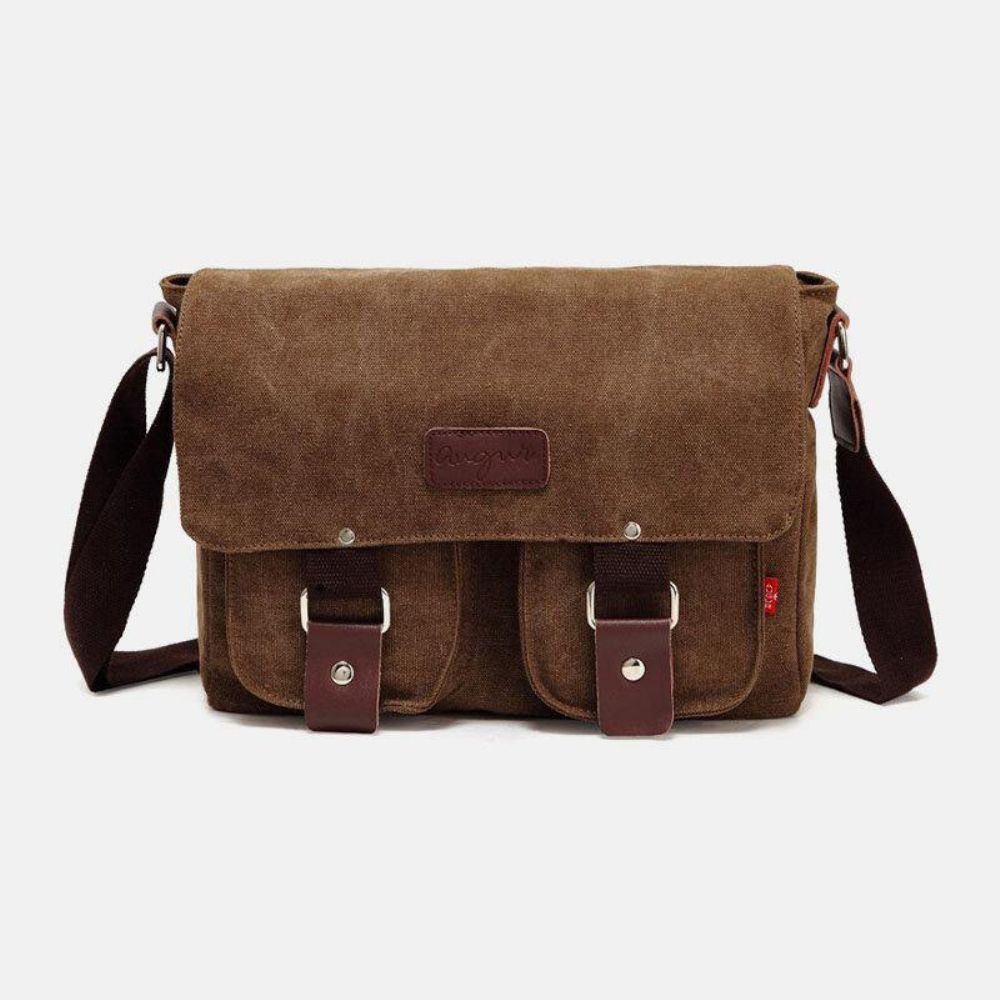 Mannen Echt Leer Canvas Retro Travel Outdoor Multi-Pocket Draagtas Crossbody Tas