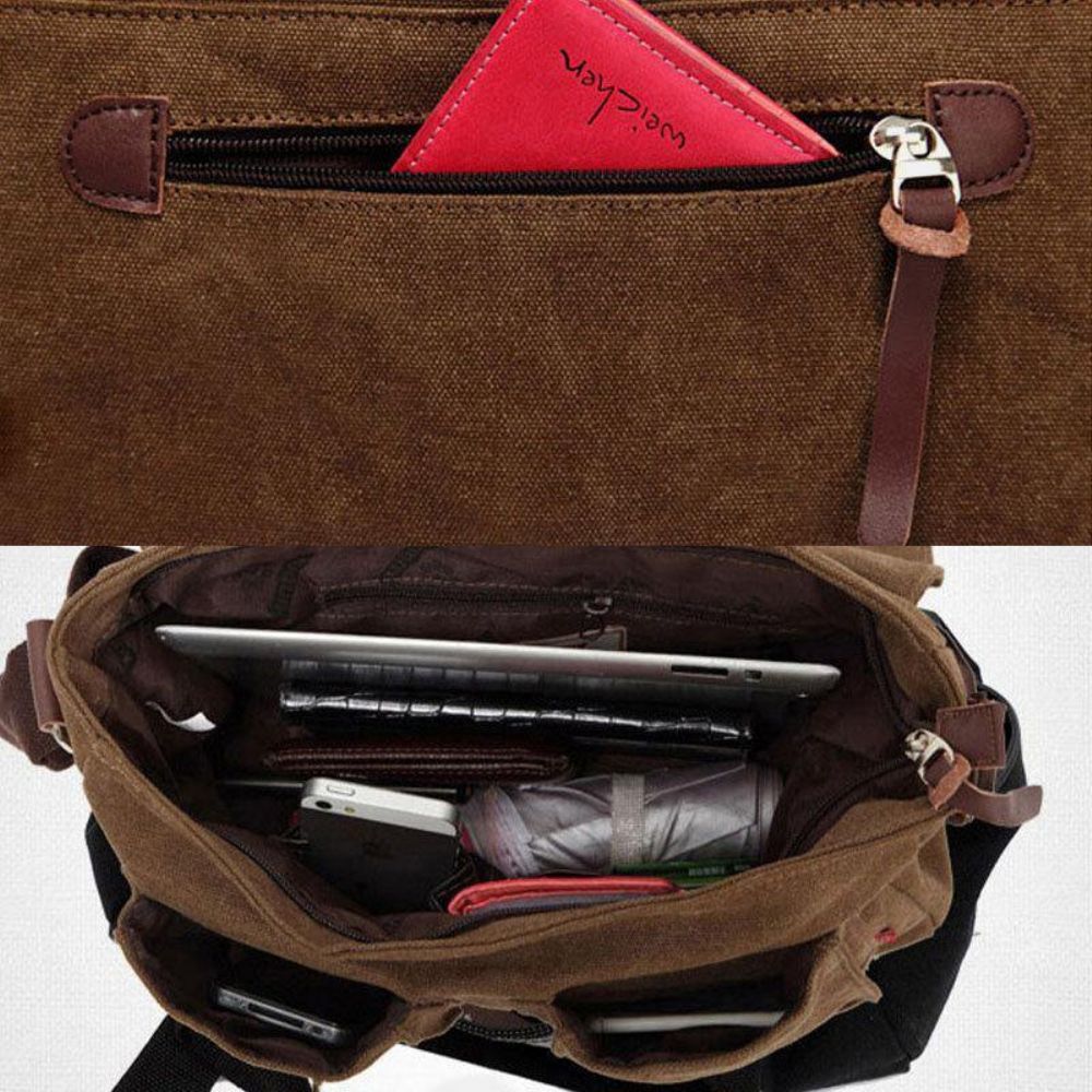 Mannen Echt Leer Canvas Retro Travel Outdoor Multi-Pocket Draagtas Crossbody Tas