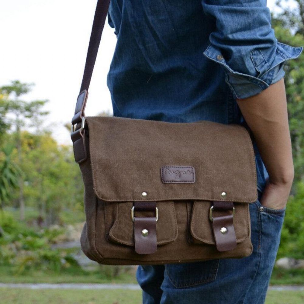 Mannen Echt Leer Canvas Retro Travel Outdoor Multi-Pocket Draagtas Crossbody Tas