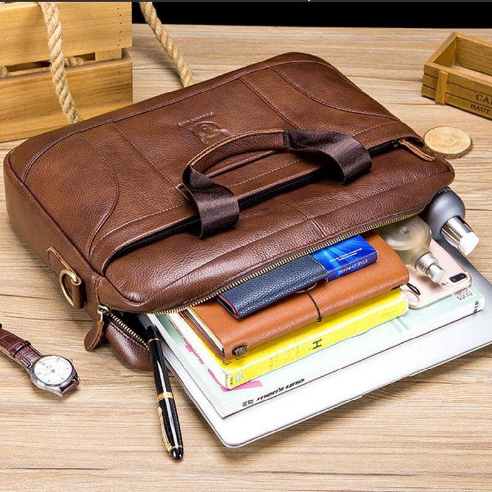 Mannen Echt Leer Grote Capaciteit 14 Inch Multifunctionele Aktetas Laptop Messenger Bag Crossbody Tassen Handtas