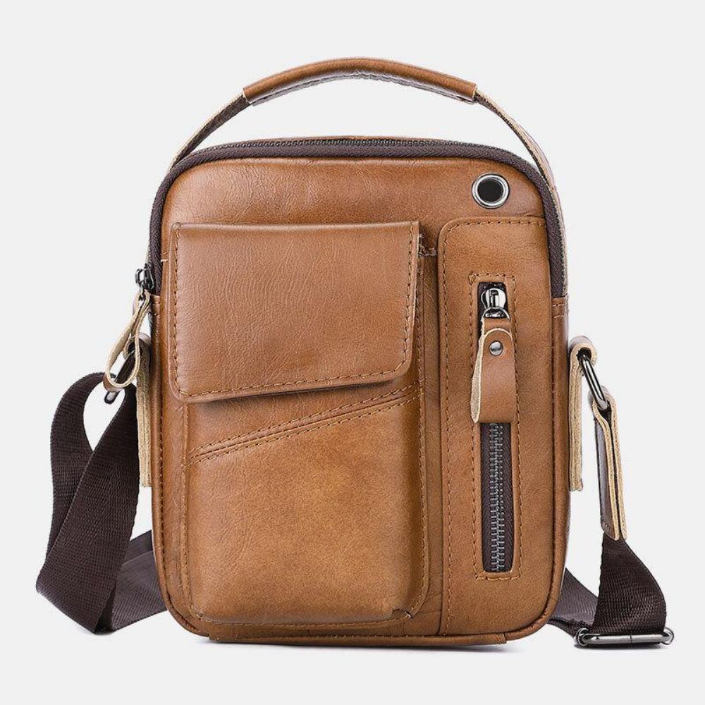 Mannen Echt Leer Multi-Pocket Hoofdtelefoon Gat Vintage 6.5 Inch Telefoon Tas Crossbody Schoudertas Messenger Aktetas