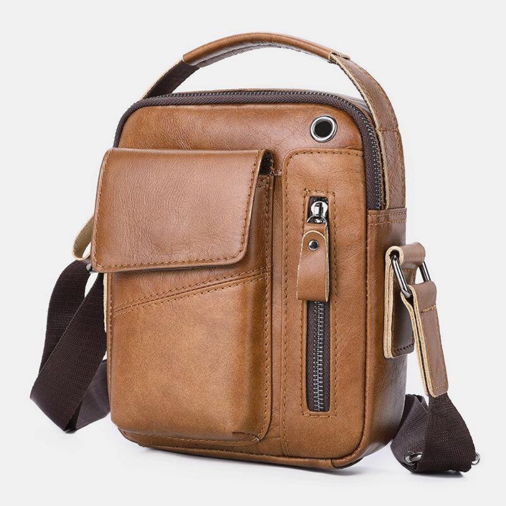 Mannen Echt Leer Multi-Pocket Hoofdtelefoon Gat Vintage 6.5 Inch Telefoon Tas Crossbody Schoudertas Messenger Aktetas