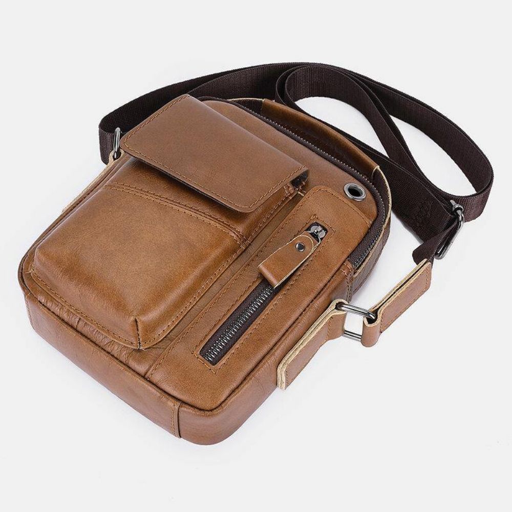 Mannen Echt Leer Multi-Pocket Hoofdtelefoon Gat Vintage 6.5 Inch Telefoon Tas Crossbody Schoudertas Messenger Aktetas