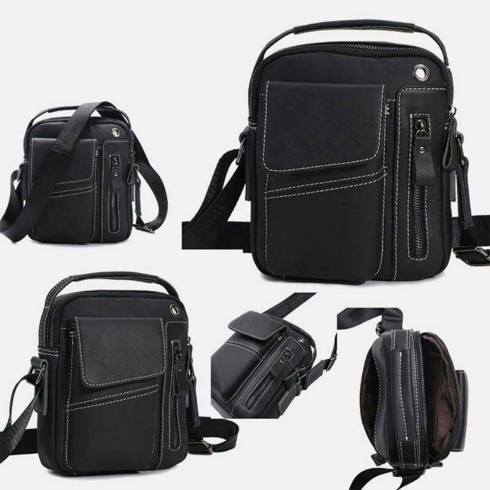 Mannen Echt Leer Multi-Pocket Hoofdtelefoon Gat Vintage 6.5 Inch Telefoon Tas Crossbody Schoudertas Messenger Aktetas