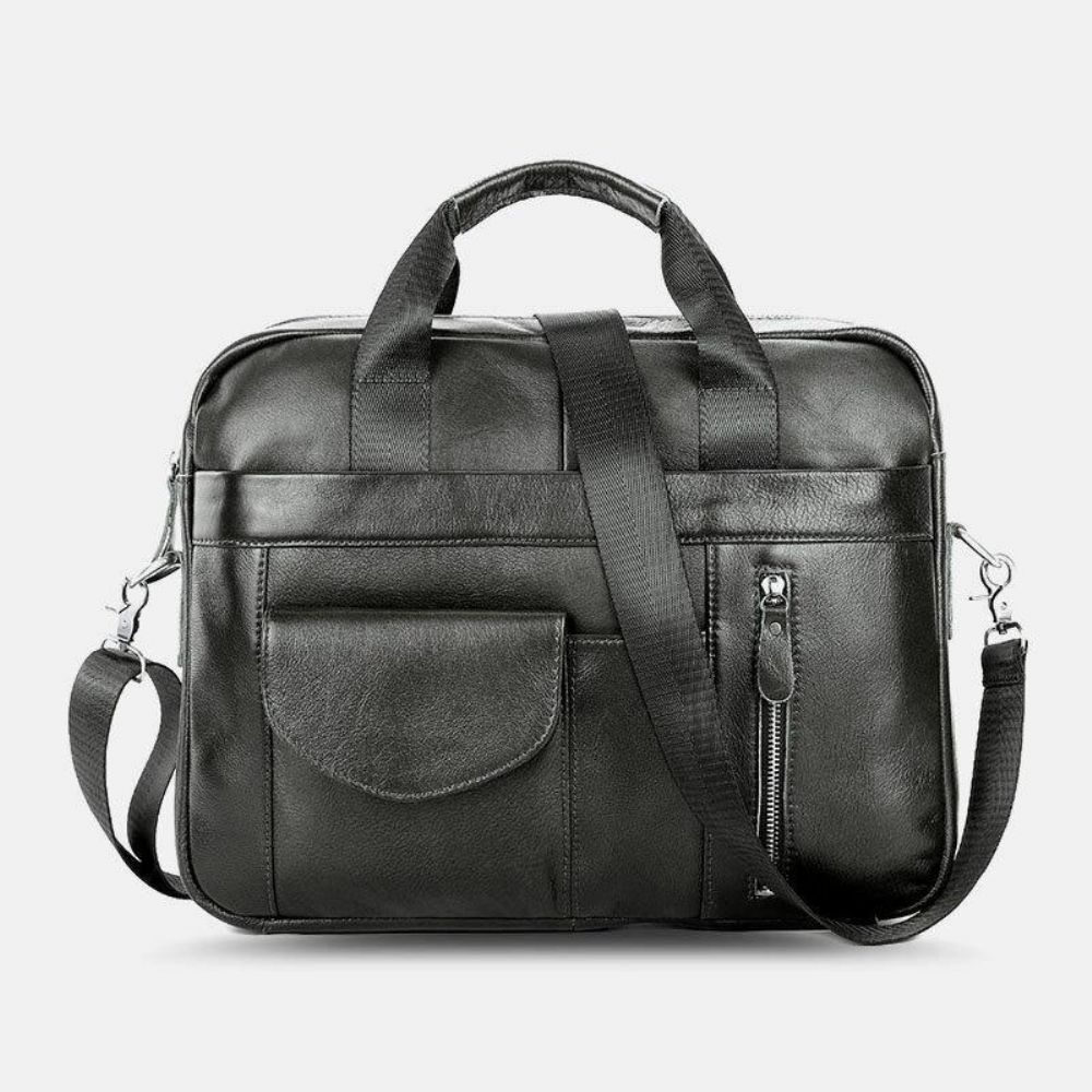 Mannen Echt Leer Multi-Pocket Vintage 14 Inch Laptoptas Aktetassen Crossbody Schoudertas Handtas